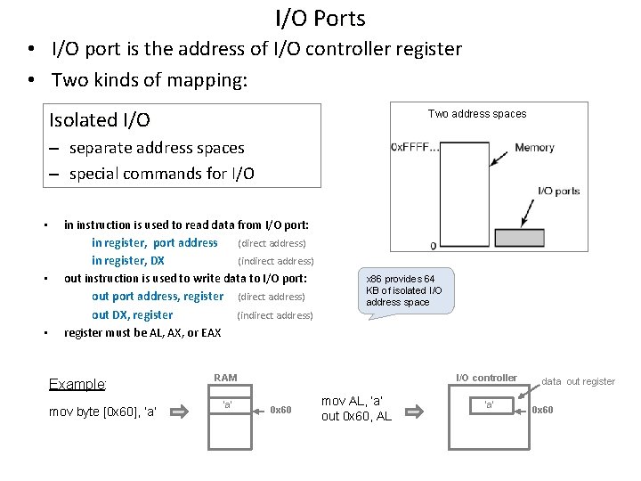 I/O Ports • I/O port is the address of I/O controller register • Two
