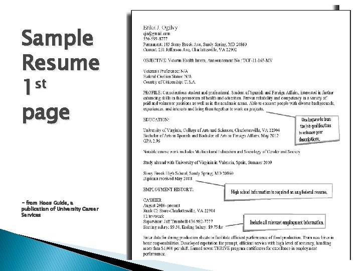 Sample Resume st 1 page - from Hoos Guide, a publication of University Career