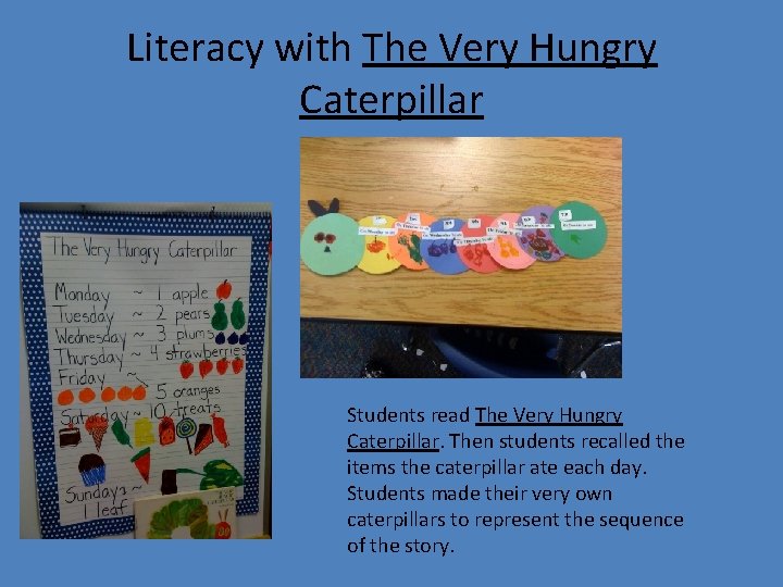 Literacy with The Very Hungry Caterpillar Students read The Very Hungry Caterpillar. Then students