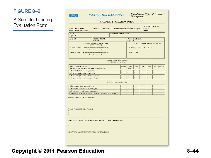 FIGURE 8– 8 A Sample Training Evaluation Form Copyright © 2011 Pearson Education 8–