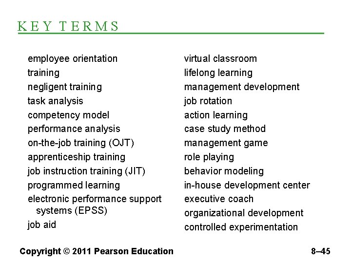 KEY TERMS employee orientation training negligent training task analysis competency model performance analysis on-the-job