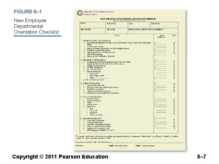 FIGURE 8– 1 New Employee Departmental Orientation Checklist Copyright © 2011 Pearson Education 8–