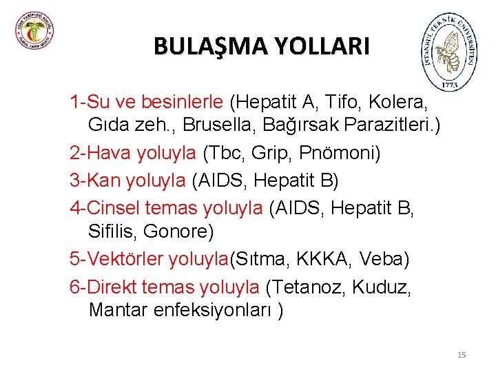 BULAŞMA YOLLARI 1 -Su ve besinlerle (Hepatit A, Tifo, Kolera, Gıda zeh. , Brusella,