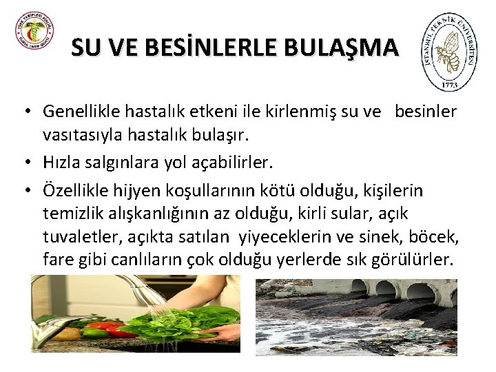 SU VE BESİNLERLE BULAŞMA • Genellikle hastalık etkeni ile kirlenmiş su ve besinler vasıtasıyla