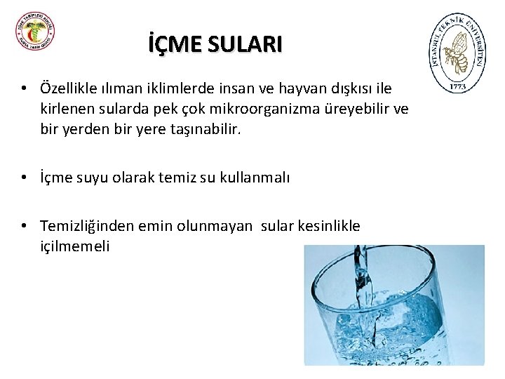 İÇME SULARI • Özellikle ılıman iklimlerde insan ve hayvan dışkısı ile kirlenen sularda pek