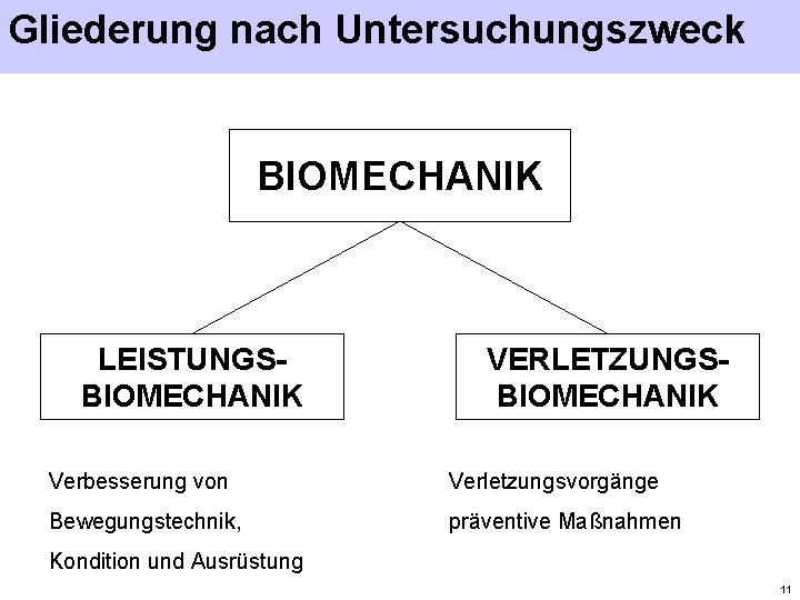 Gliederung nach Untersuchungszweck BIOMECHANIK LEISTUNGSBIOMECHANIK VERLETZUNGSBIOMECHANIK Verbesserung von Verletzungsvorgänge Bewegungstechnik, präventive Maßnahmen Kondition und