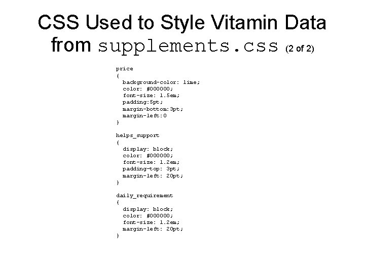 CSS Used to Style Vitamin Data from supplements. css (2 of 2) price {