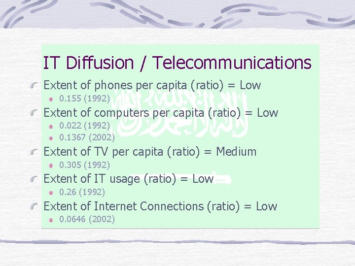 IT Diffusion / Telecommunications Extent of phones per capita (ratio) = Low 0. 155