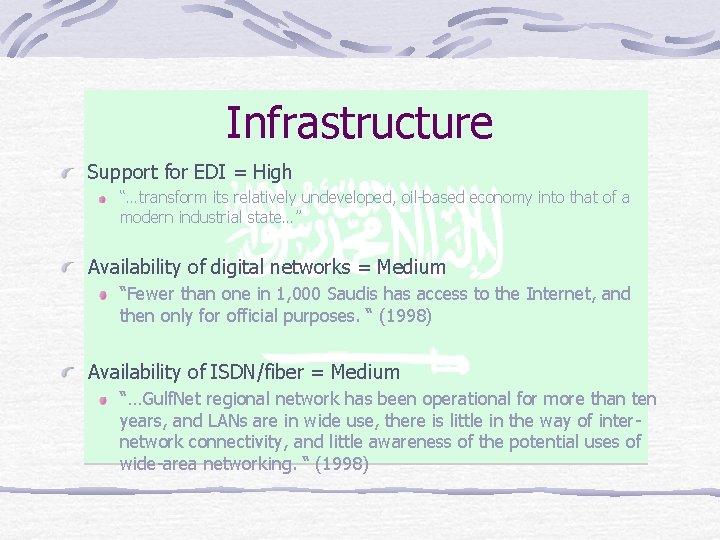Infrastructure Support for EDI = High “…transform its relatively undeveloped, oil-based economy into that