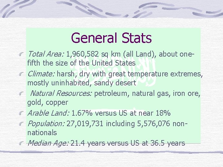 General Stats Total Area: 1, 960, 582 sq km (all Land), about one- fifth