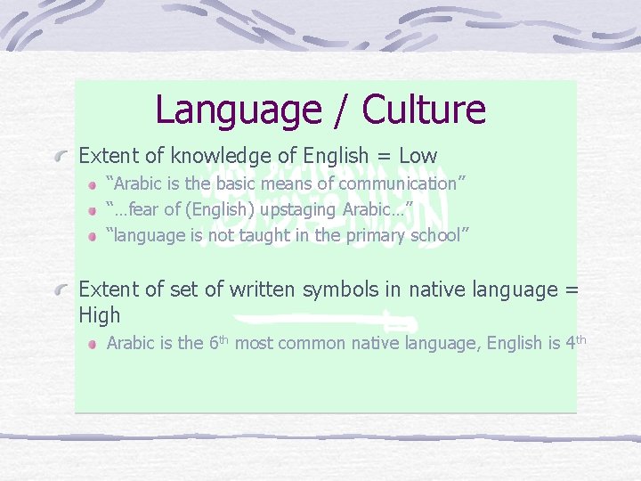 Language / Culture Extent of knowledge of English = Low “Arabic is the basic