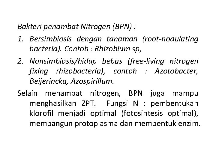 Bakteri penambat Nitrogen (BPN) : 1. Bersimbiosis dengan tanaman (root-nodulating bacteria). Contoh : Rhizobium