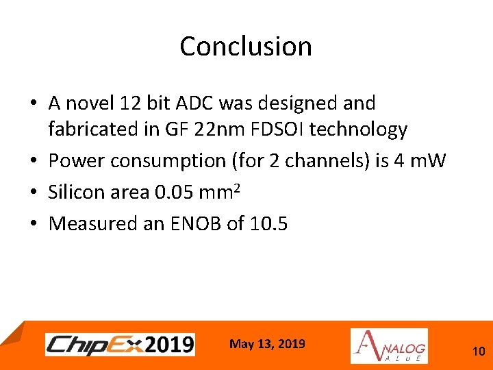 Conclusion • A novel 12 bit ADC was designed and fabricated in GF 22