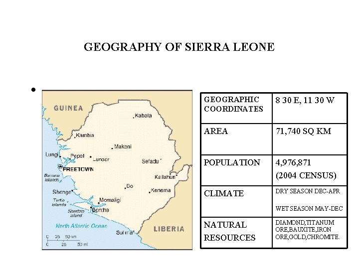 GEOGRAPHY OF SIERRA LEONE • GEOGRAPHIC COORDINATES 8 30 E, 11 30 W AREA