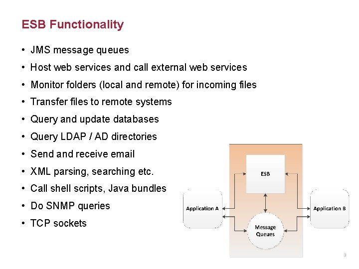 ESB Functionality • JMS message queues • Host web services and call external web