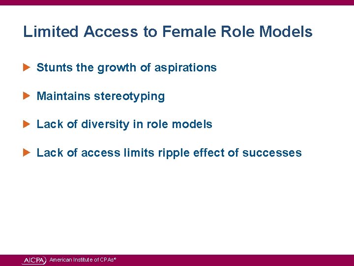 Limited Access to Female Role Models Stunts the growth of aspirations Maintains stereotyping Lack