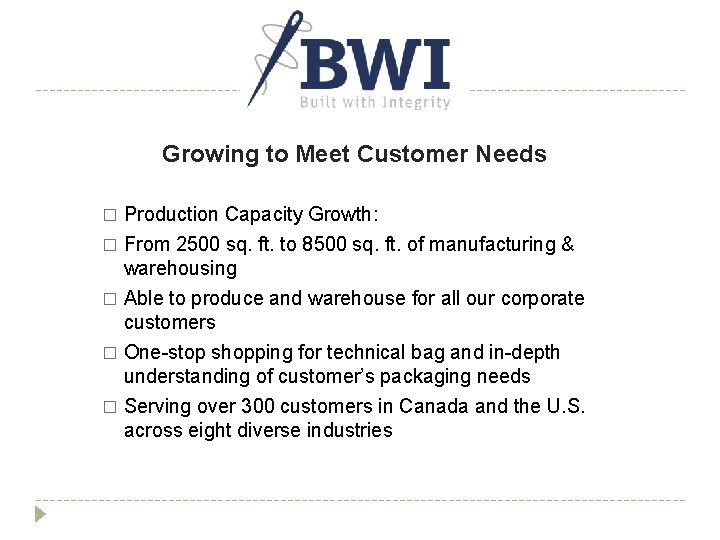 Growing to Meet Customer Needs Production Capacity Growth: � From 2500 sq. ft. to