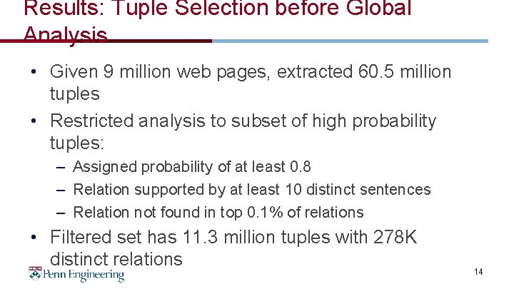 Results: Tuple Selection before Global Analysis • Given 9 million web pages, extracted 60.