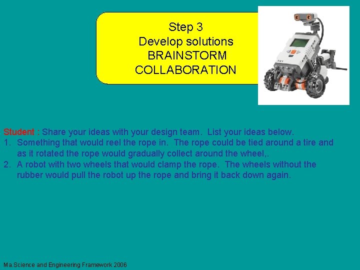 Step 3 Develop solutions BRAINSTORM COLLABORATION Student : Share your ideas with your design