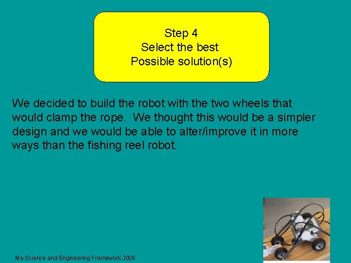 Step 4 Select the best Possible solution(s) We decided to build the robot with