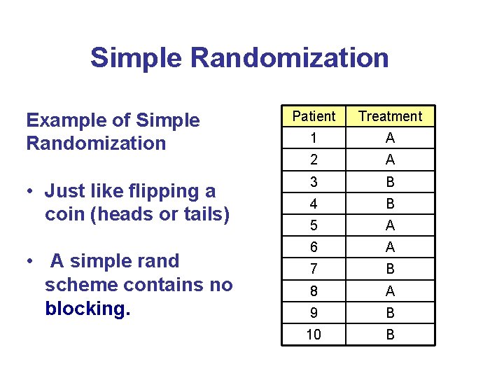 Simple Randomization Example of Simple Randomization • Just like flipping a coin (heads or
