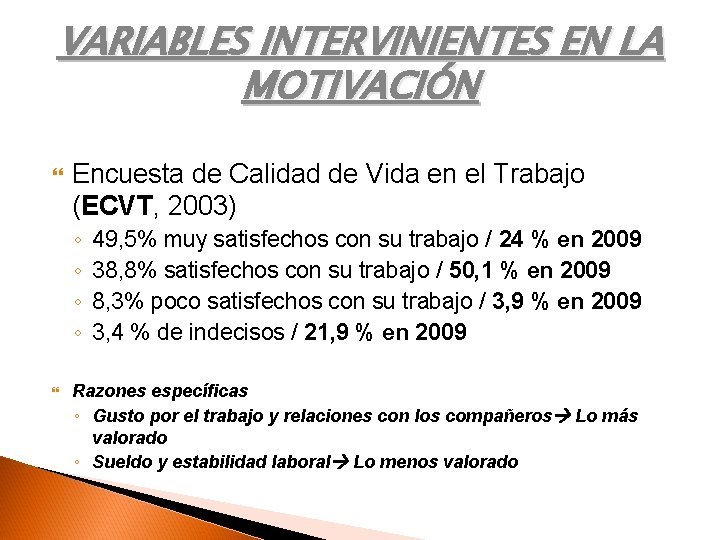 VARIABLES INTERVINIENTES EN LA MOTIVACIÓN Encuesta de Calidad de Vida en el Trabajo (ECVT,