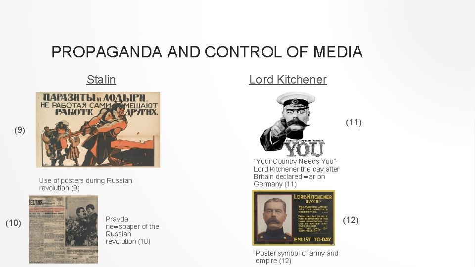 PROPAGANDA AND CONTROL OF MEDIA Stalin Lord Kitchener (11) (9) Use of posters during