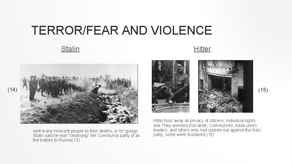 TERROR/FEAR AND VIOLENCE Stalin (14) Hitler (15) sent many innocent people to their deaths,