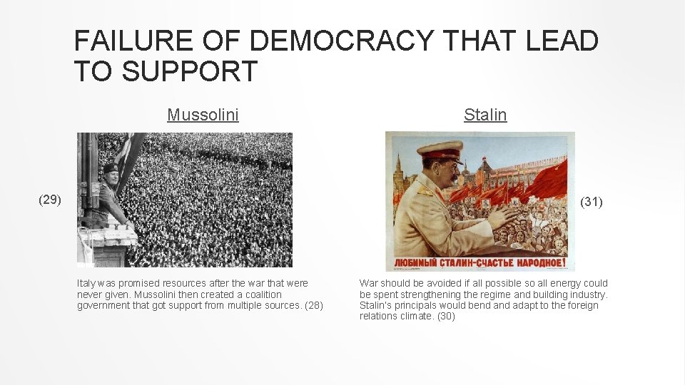 FAILURE OF DEMOCRACY THAT LEAD TO SUPPORT Mussolini (29) Stalin (31) Italy was promised