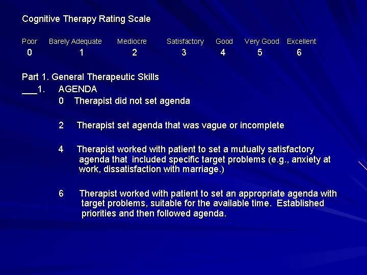 Cognitive Therapy Rating Scale Poor Barely Adequate Mediocre Satisfactory Good Very Good Excellent 0