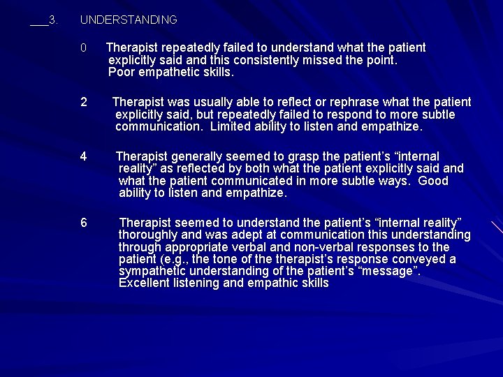 ___3. UNDERSTANDING 0 Therapist repeatedly failed to understand what the patient explicitly said and