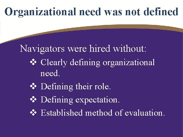 Organizational need was not defined Navigators were hired without: v Clearly defining organizational need.