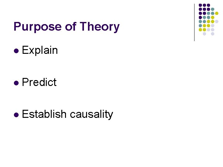 Purpose of Theory l Explain l Predict l Establish causality 