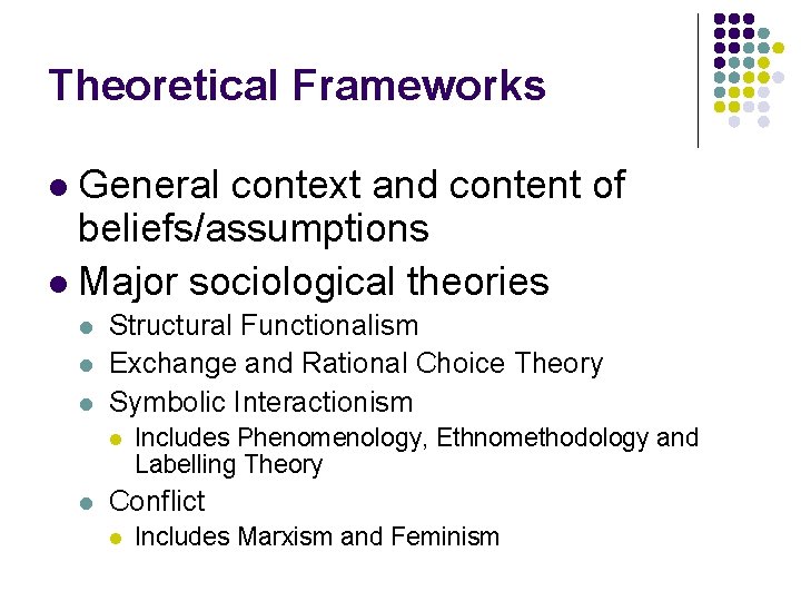 Theoretical Frameworks General context and content of beliefs/assumptions l Major sociological theories l l