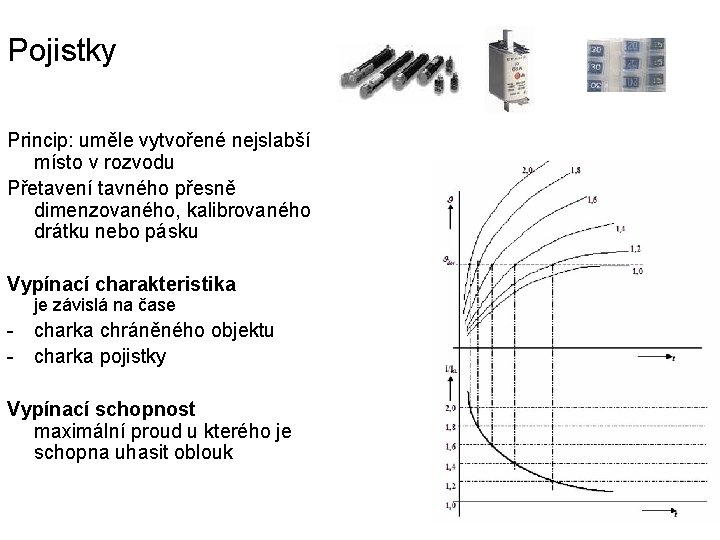 Pojistky Princip: uměle vytvořené nejslabší místo v rozvodu Přetavení tavného přesně dimenzovaného, kalibrovaného drátku