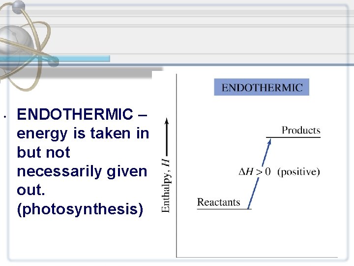  • ENDOTHERMIC – energy is taken in but not necessarily given out. (photosynthesis)