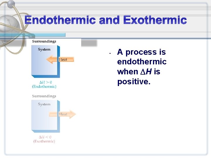 Endothermic and Exothermic • A process is endothermic when H is positive. 