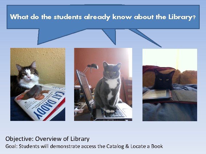 What do the students already know about the Library? Objective: Overview of Library Goal: