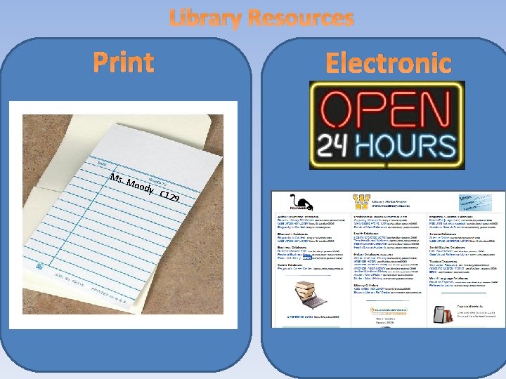 Library Resources Print Ms. Moo dy Electronic C 12 9 