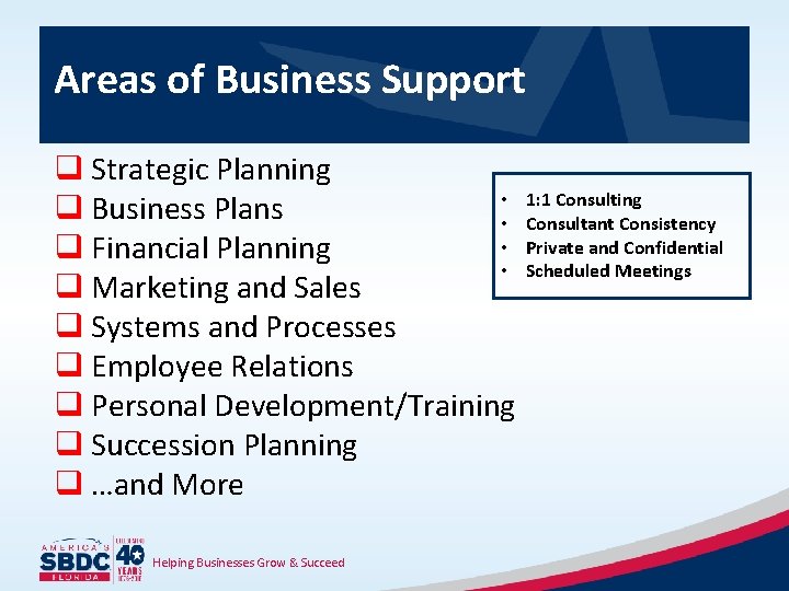 Areas of Business Support q Strategic Planning • q Business Plans • • q