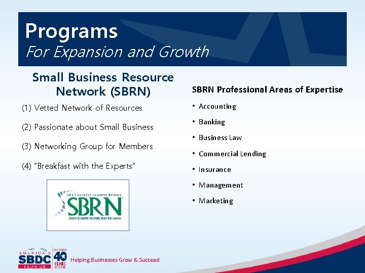 Programs For Expansion and Growth Small Business Resource Network (SBRN) (1) Vetted Network of