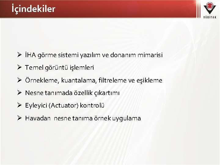 İçindekiler İHA görme sistemi yazılım ve donanım mimarisi Temel görüntü işlemleri Örnekleme, kuantalama, filtreleme