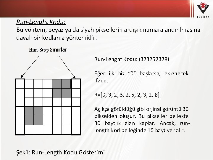 Run-Lenght Kodu: Bu yöntem, beyaz ya da siyah piksellerin ardışık numaralandırılmasına dayalı bir kodlama