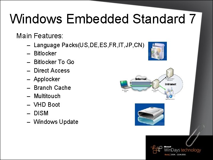 Windows Embedded Standard 7 Main Features: – – – – – Language Packs(US, DE,