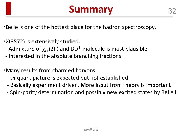 Summary 32 ・Belle is one of the hottest place for the hadron spectroscopy. ・X(3872)