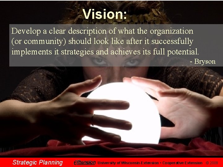 Vision: Develop a clear description of what the organization (or community) should look like