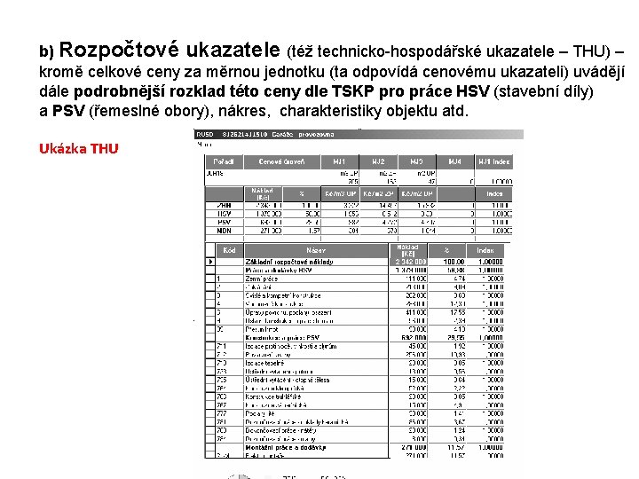 b) Rozpočtové ukazatele (též technicko-hospodářské ukazatele – THU) – kromě celkové ceny za měrnou