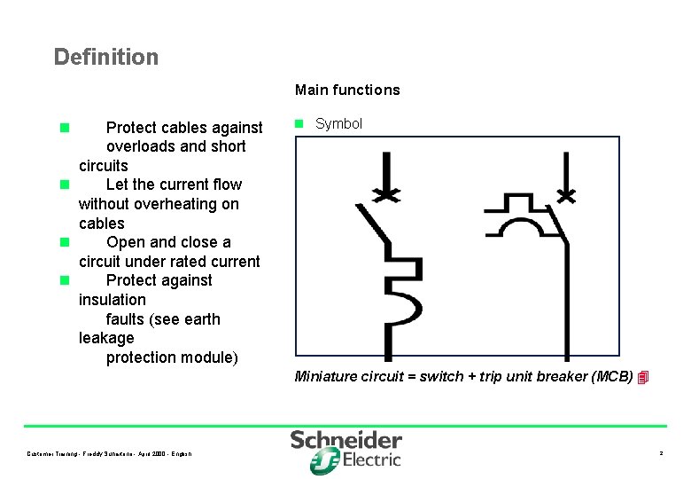 Definition Main functions n Protect cables against overloads and short circuits n Let the