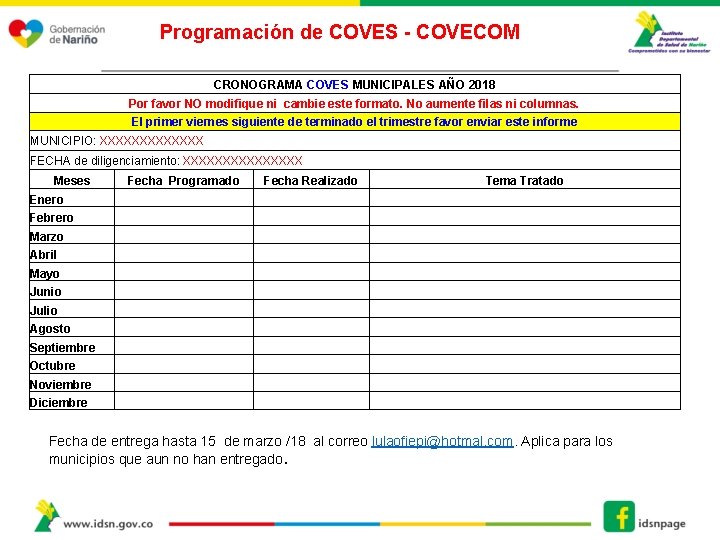 Programación de COVES - COVECOM CRONOGRAMA COVES MUNICIPALES AÑO 2018 Por favor NO modifique