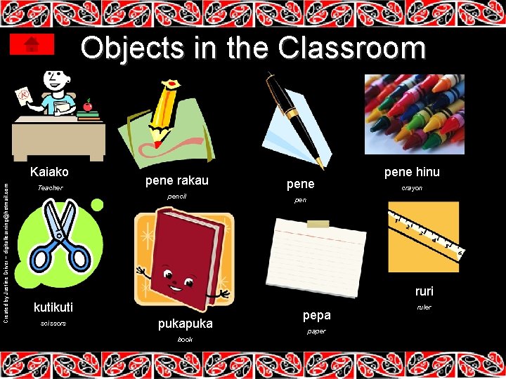 Objects in the Classroom Created by Justine Driver – digitallearning@hotmail. com Kaiako Teacher pene